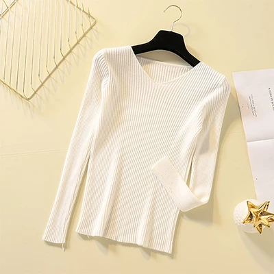 Однотонный вязаный свитер с v-образным вырезом и широкой полосой, женский осенне-зимний облегающая блузка с длинным рукавом, женский корейский Тонкий теплый пуловер Джемпер - Цвет: White