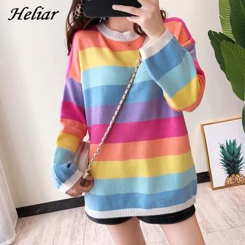 

Heliar Autumn Winter Rainbow Stripe Sweater New INS Knit Sweater Long Sleeve Relaxed Lazy Style Women O Neck Pullovers