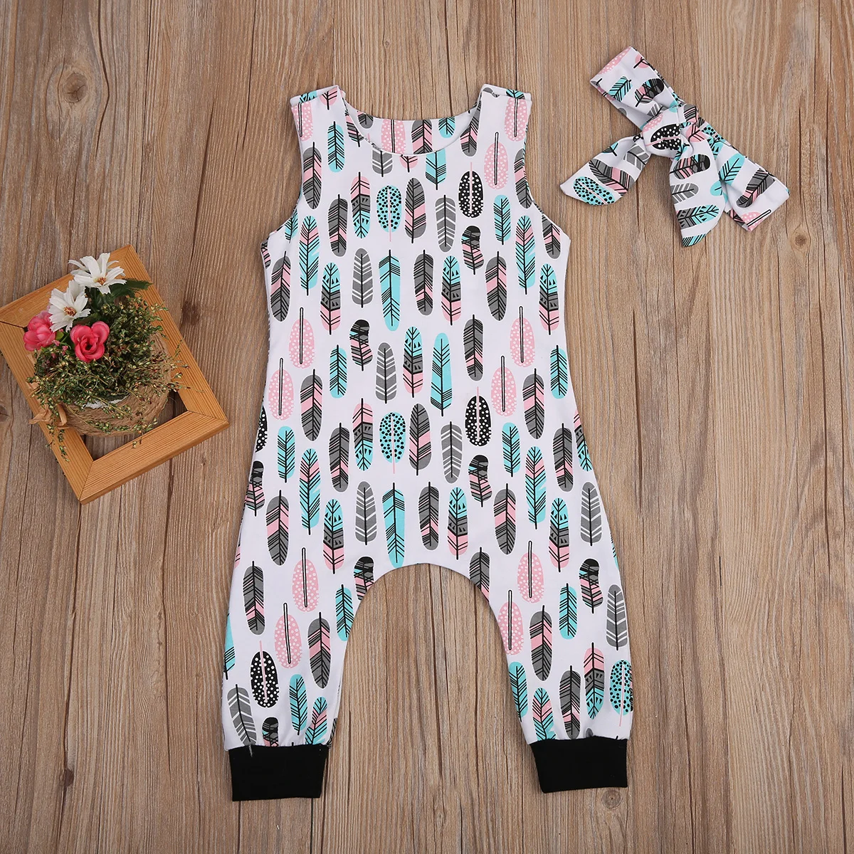 

New 0-24 Months Summer Girls Feather Romper Baby Boy Sleeveless Jumpsuit+ Headband Newborn 2pcs Outfits Set Infant Clothes Cute