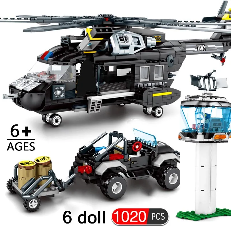 

1020pcs Swat Police Transport Helicopter Model Building Blocks Compatible Legoinglys City Plane Car Bricks Toys For Children