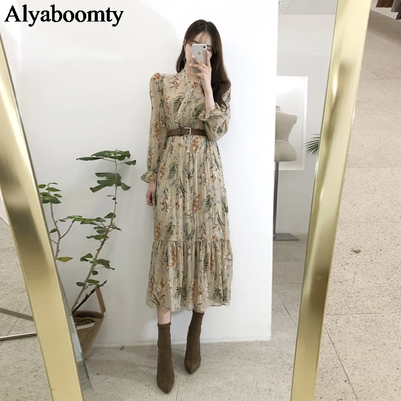 

Korean Style Autumn Spring Women Midi Dress Cross Neck Floral Printed Vestidos Longo Elegant Chiffon Chic Sashes Ruffles Dresses
