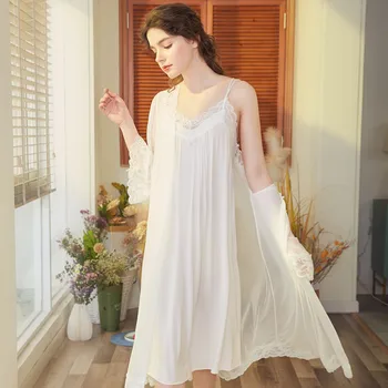 

2pcs/set Summer Princess Style Casual Women Sling Nightdress Nightgown Elegant Lady Loose Sleepwear Home Bathing Night Wear New