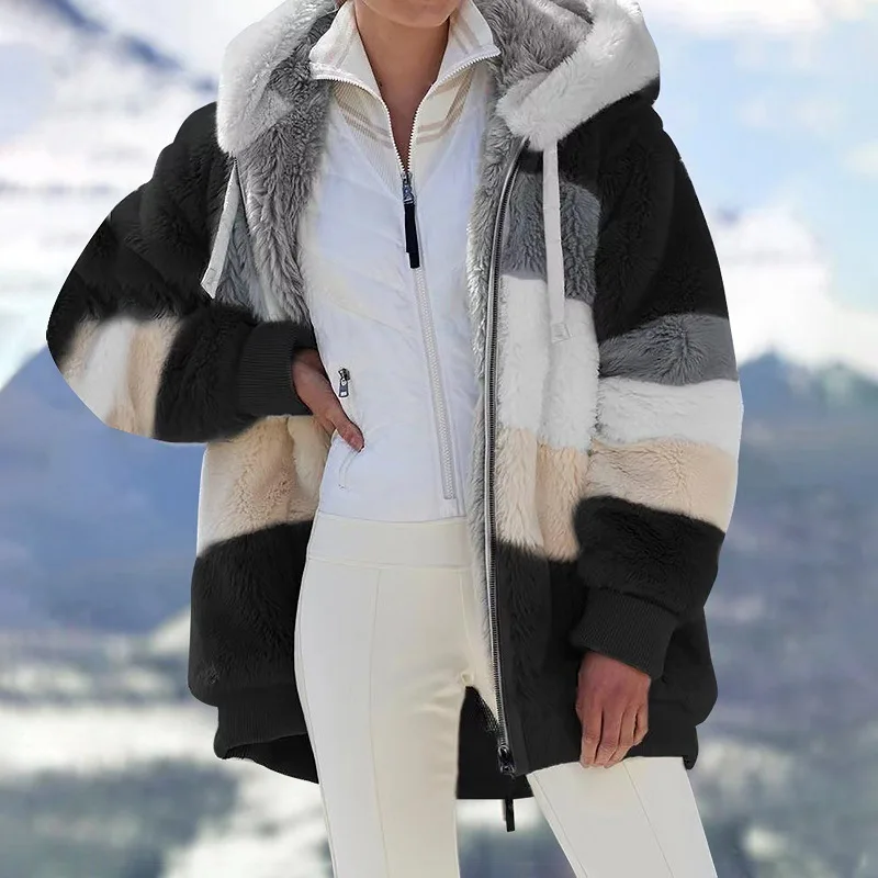 2021 Winter Women's Coat Fashion Casual Stitching Plaid Ladies Clothes Hooded Zipper Ladies Coat Cashmere Women Jacket