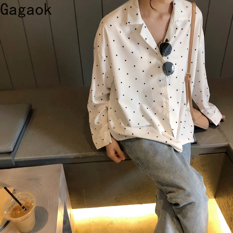 Gagaok Women Office Lady Blouse Spring Autumn New Notched Polka Dot Chiffon Loose Casual Sweet Wild Female Fashion Korean Shirts | Женская