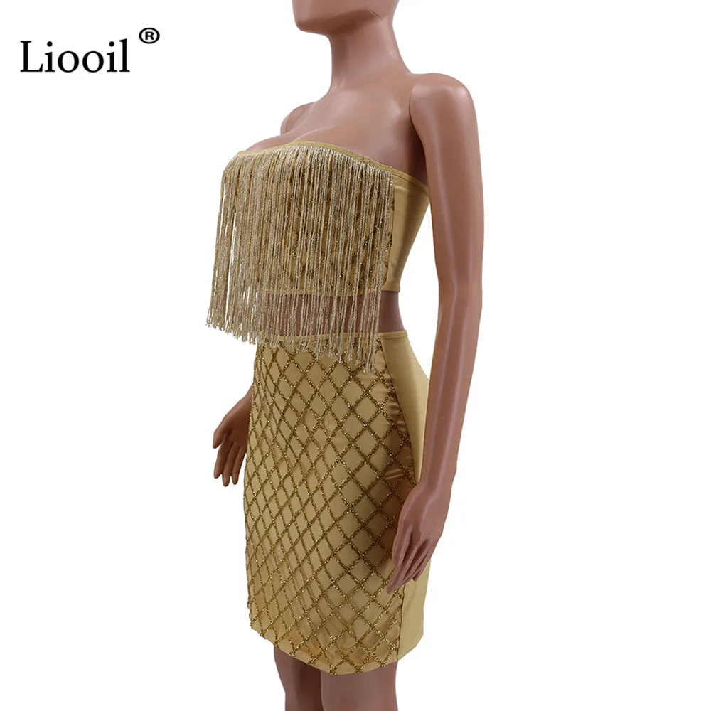Liooil Золото из двух частей наряды комплект кисточкой Bodycon мини платье Сексуальная Клубная одежда без рукавов без бретелек узкие платья женские Вечерние