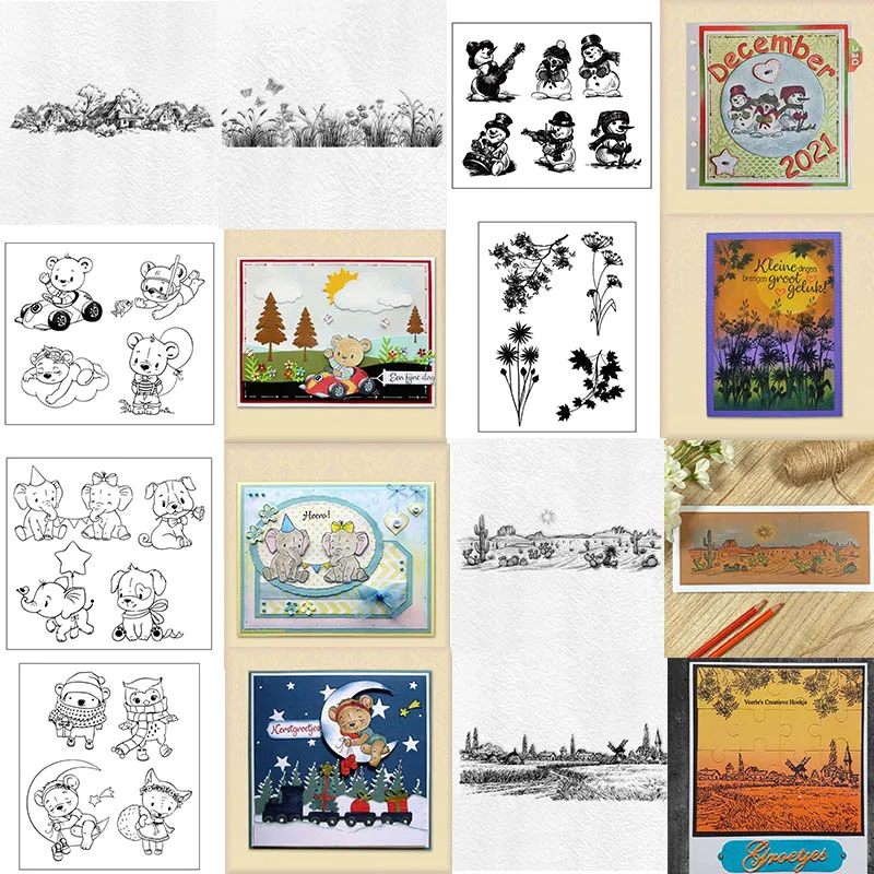 

Desert Village Meadow Transparent Stamp Cute Bears Elephants Dogs Stamps And Dies for DIY Scrapbooking Cards Crafts 2021 New