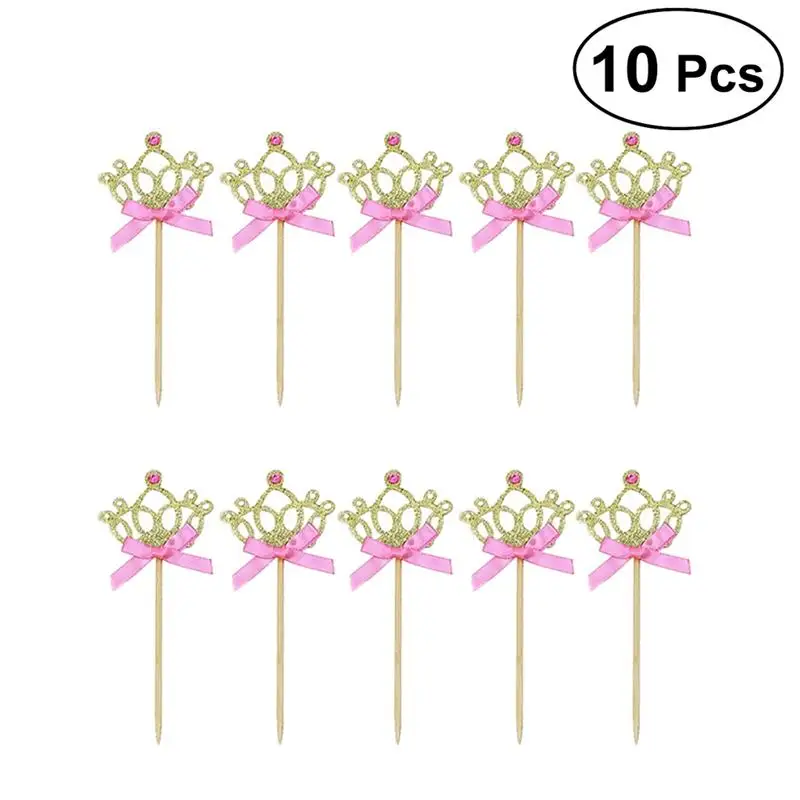 

10PCS Crown Bow Tie Cupcake Topper Happy Birthday Party Children Party Decor Supplies (Golden)