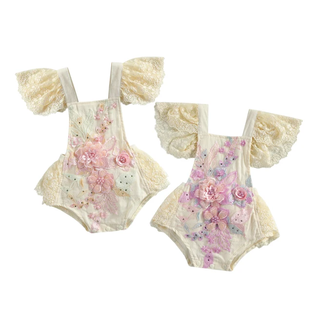Vêtements de princesse pour bébés filles de 0 à 24 mois, barboteuse d'été en dentelle, imprimé de fleurs, à volants, manches courtes, combinaisons 2 couleurs 1