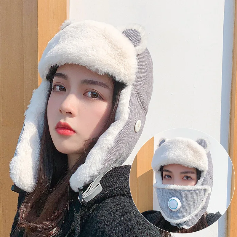 2020 New Fashion Winter Thermal Bomber Hats Lovely Women Breather Ear Protection Face Windproof Ski Cap Velvet Thicken Hat06