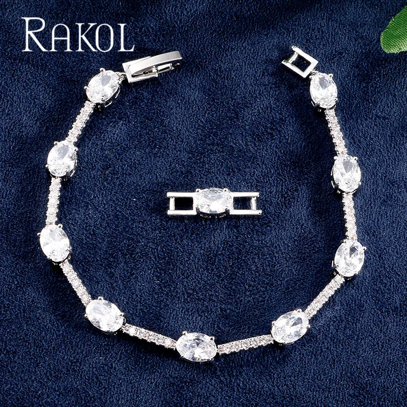 White Color RAKOL модный овал, куб, цирконий микро Проложили Звено Цепи Браслет и браслет для женщин свадебный ужин платье ювелирные изделия RB21445 - Окраска металла: White Color