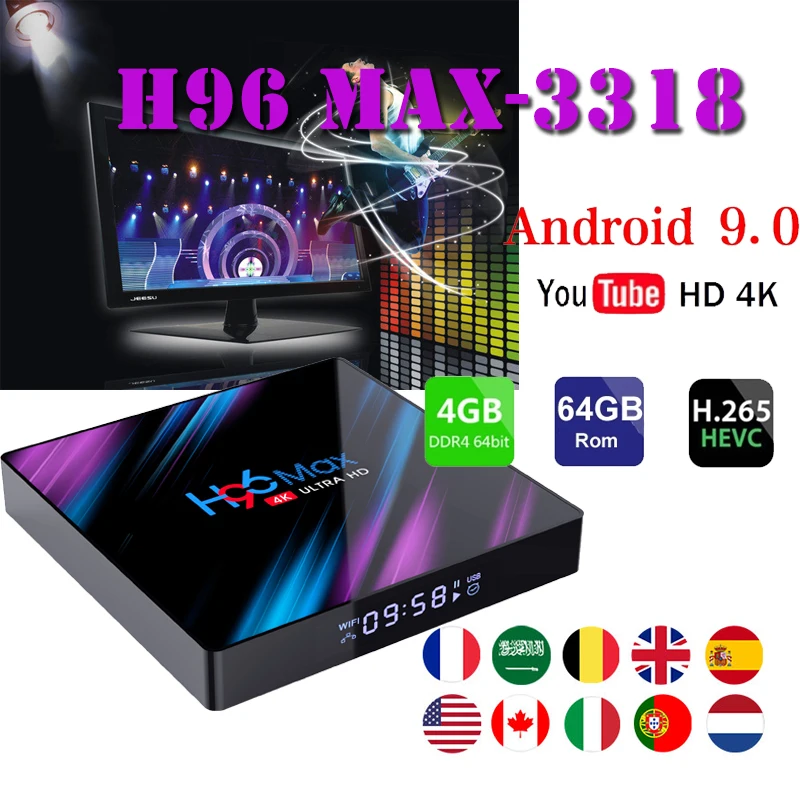 

Belgium smart tv set top box H96 MAX RK3318 4GB RAM 64GB ROM BT4.0 USB3.0 2.4G /5G WIFI Media-Player android 9.0 tv boxes