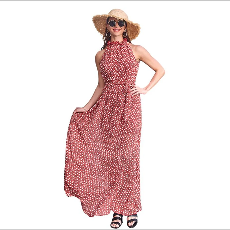 

Boho Dress Long Summer 2020 Elegant Halter Neck Women Maxi Dress Sexy Off Shoulder Slim Waist Bohemian Dresses Holiday Wear Lady