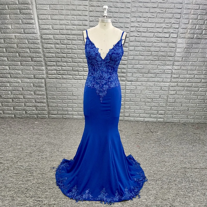 

Girls Sexy Spaghetti Strap V Neck Backless Mermaid Royal Blue Prom Dress