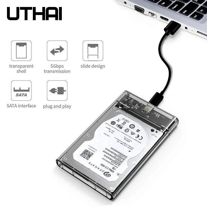 External Hard Drive Case SSD Enclosure External Hard Drive Box Hard Disk Case Hard Drive Enclosure HDD Case Enclosure UTHAI T09 USB3.0/Type C 2.5'' Hard Drive Enclosure Transparent Mobile HDD Box USB3.1 SSD Case Portable Hardisk With USB C Cable