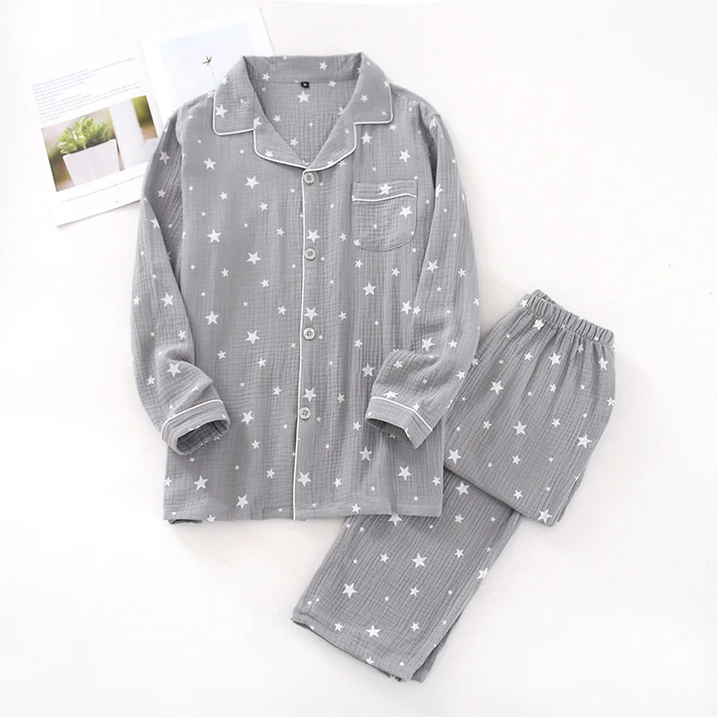 Spring 2020 100% Cotton Long Sleeve Pants Pajama Suit Women and Men Thin Home Clothes Printing Pajamas Couple Sleep Sleepwear