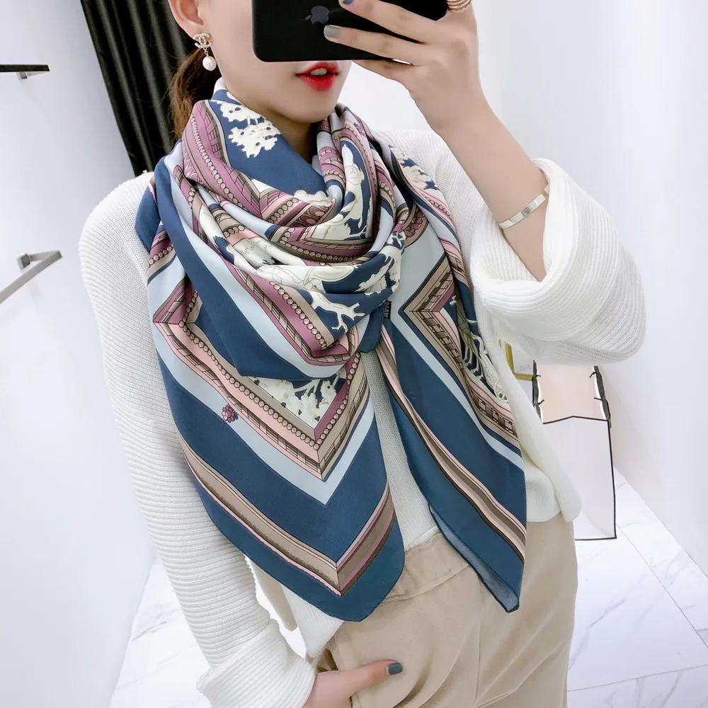 Саржевый Шелковый женский шарф, роскошный бренд, Европейский дизайн, шарф в клетку с принтом лошади, квадратные шарфы, модные шали, 130*130 см
