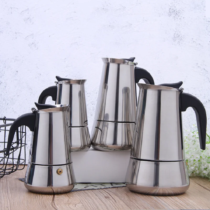 Кофейник из нержавеющей стали, кофейник Mocha Moka, эспрессо, латте, плита, кофейник, фильтр, 100 мл, 200 мл, 300 мл, 450 мл, кофемашина