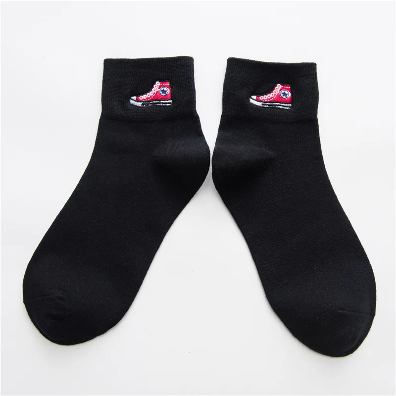 Black Canvas Shoes Women Socks Autumn Winter New Cotton Embroidery Cartoon Black White Tube Ladies College Wind Personality Casual Sports Sock - Color: Black Canvas Shoes