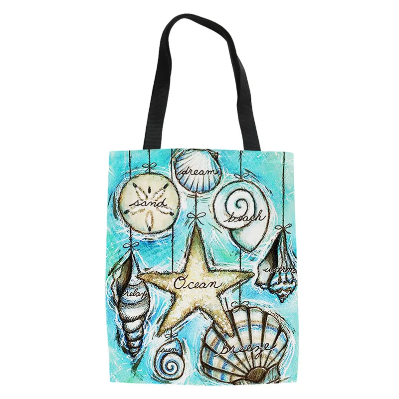 

Cute HandBag With Cartoon Sea Conch And Starfish Print Gift For Mother Casual Tote Bag Large Capacity Travel Storage Fabric Bags
