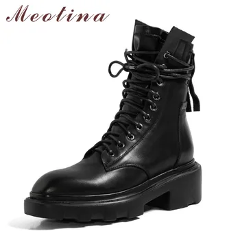 

Meotina Real Leather Platform Mid Heel Motorcycle Boots Women Ankle Boots Shoes Lace Up Zip Block Heels Short Boots Autumn Black