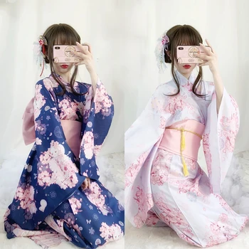 

Japanese Style Lolita Cute Cherry Blossom Cat Printed Retro Improved Kimono Dress Set Sexy Women 's Traditional Bathrobe Costume