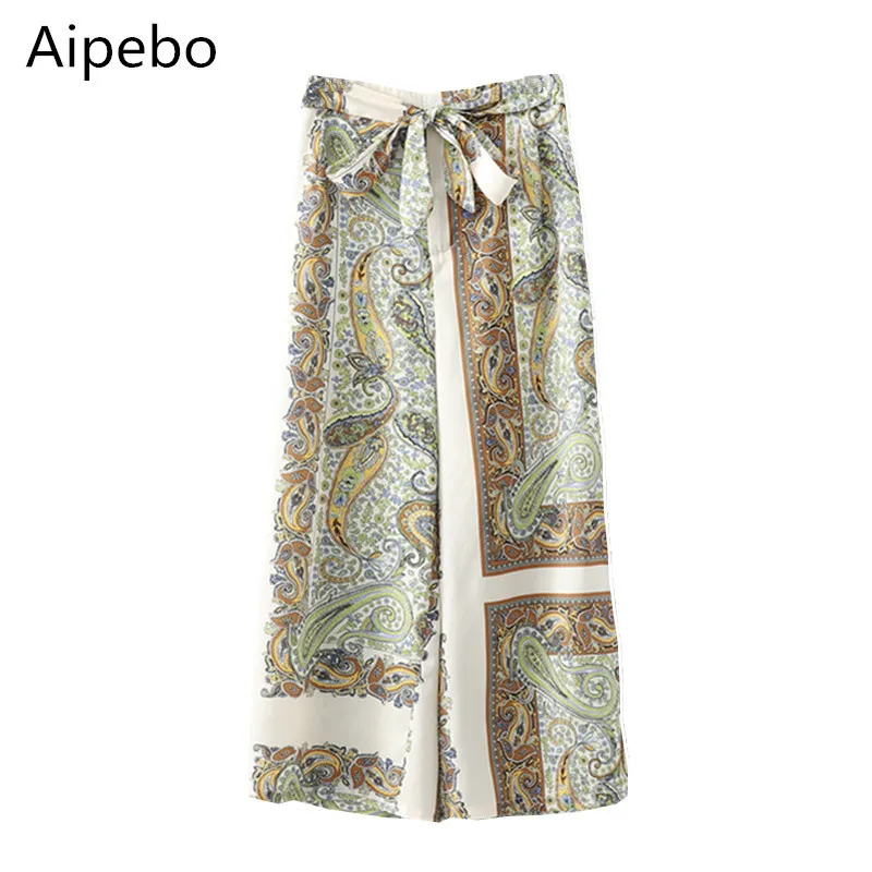 

Aipebo Women Print Wide Leg Pants Vintage Belted Elastic Waist Loose Casual Pants Trousers