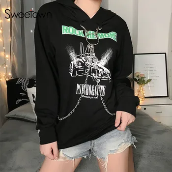 

Sweetown Black Gothic Oversized Long Hoodie With Metal Chains Printed Woman Hoodies Long Sleeve Hoody Sweatshirts Autumn Winter
