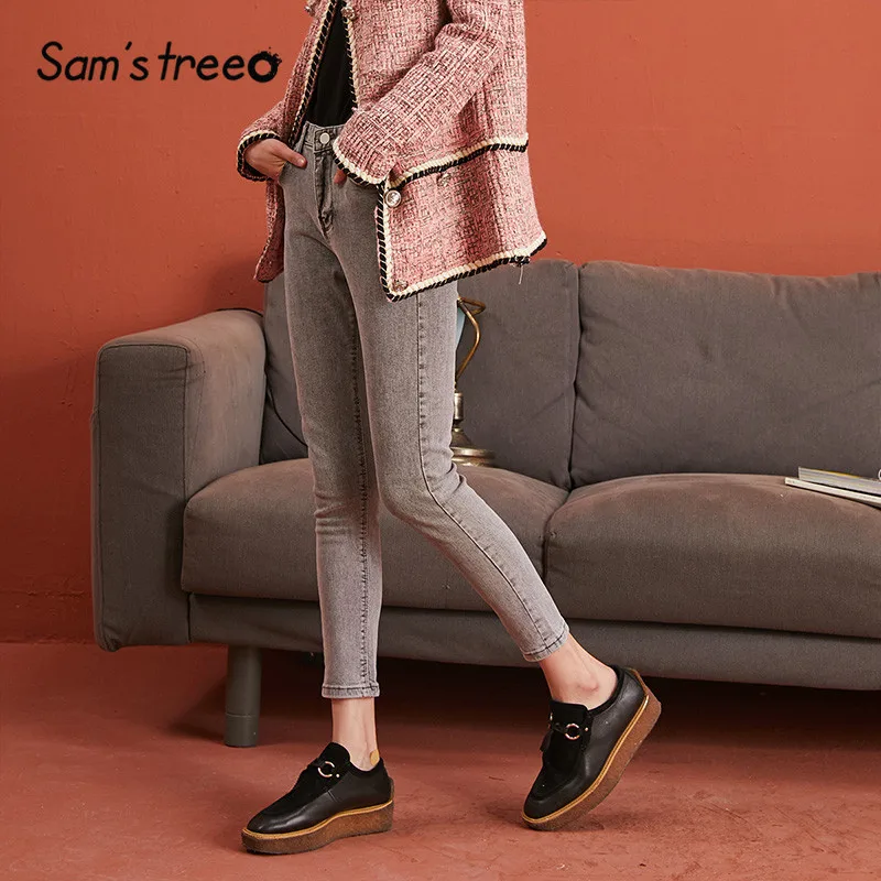 SAM'S TREE дымчато-серые одноцветные минималистичные стильные потертые джинсы для женщин Зима Новая мода Чистые обтягивающие офисные женские штаны для ежедневной носки