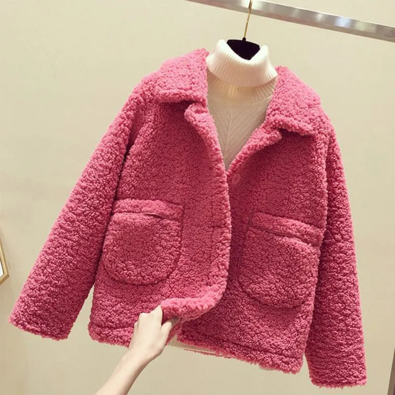 Осенняя шерсть ягненка пальто куртки женские 3XL короткие модные повседневные женские теплые куртки Весна шикарные однотонные Желтые женская верхняя одежда