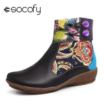

SOCOFY Botas Mujer Boots Painted Rose Retro Genuine Leather Cozy Black Flat Ankle Boots Heels Women Shoes Party Spring 2020