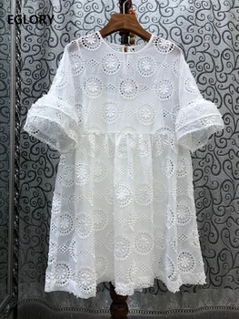 

Top Quality Cotton Dress 2020 Summer Women Hollow Out Embroidery Flower Patterns Flare Sleeve Elegant Loose White Dress Club
