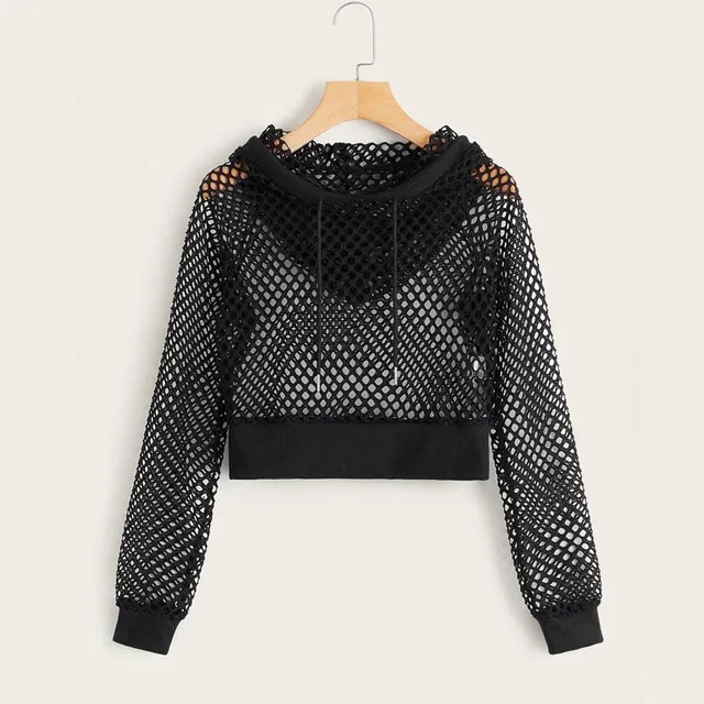 H40 Black Cropped Hoodie Women Hollow Out Crop Top Mesh Patchwork Short Sweatshirt Long Sleeve Autumn Tops With Hoody