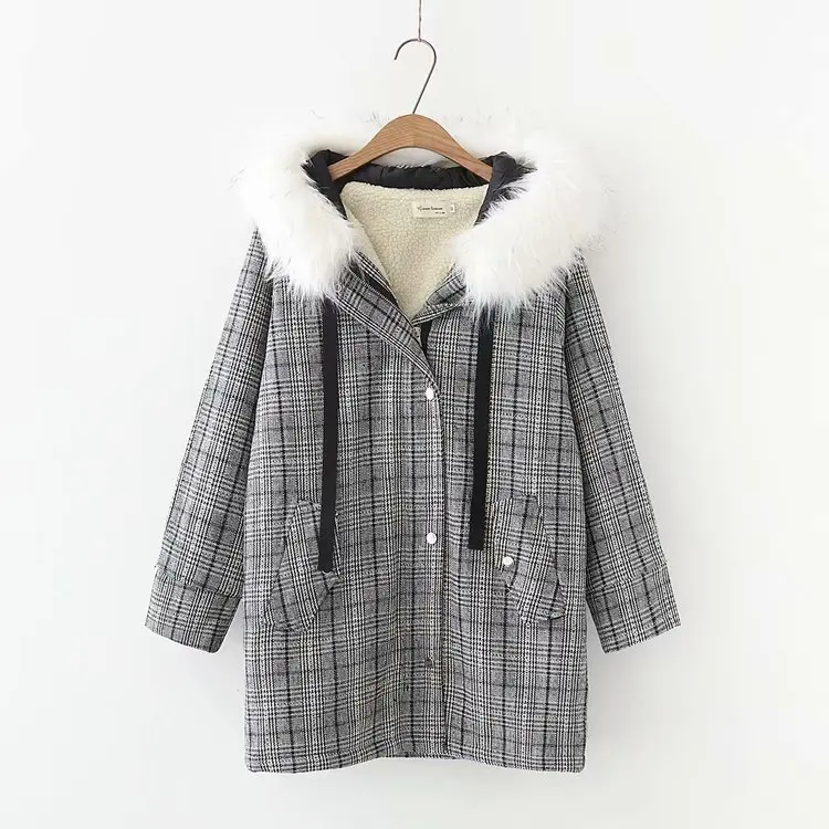 

Winter New Style Mori Girl GIRL'S Cute Fur Collar Plaid Woolen Coat Mid-length Thick Lamb's Wool Students S22858