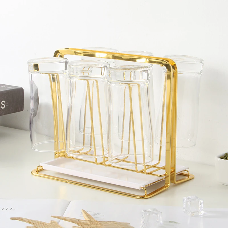 Inverted Iron Cup Holder Creative Metal Storage With Tray Golden Drain Water Organizer Shelf Home Kitchen Table Rack | Дом и сад