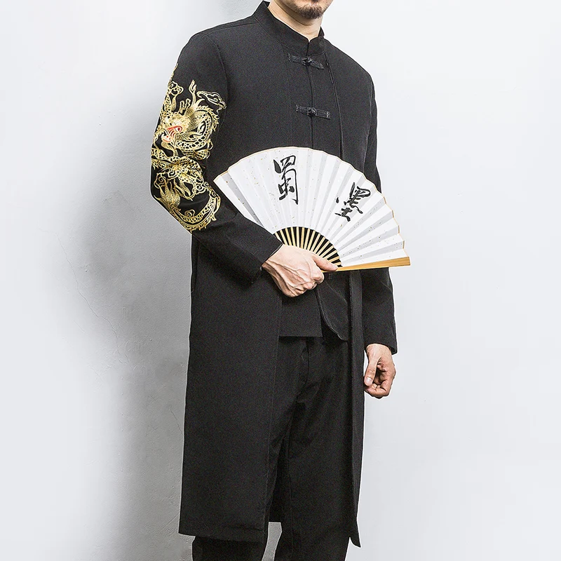 Sinicism Store, мужской свободный Тренч с вышивкой, мужская куртка в китайском стиле с пряжкой, теплый длинный Тренч,, мужские осенние пальто, большие размеры - Цвет: Black(AsianSize)