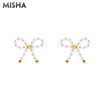 

MISHA New Stud Earring Women Bow Design Natural Seawater Pearl Earrings Simple Trendy Pearl Jewelry Gifts For Girls 2351