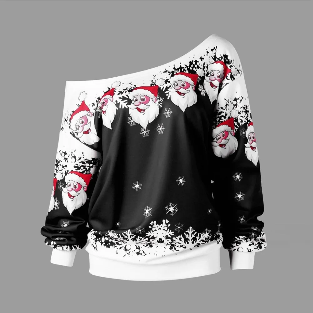 Топы размера плюс, Женский Рождественский свитер, Рождественский свитер с принтом Санта Клауса, Повседневные Вечерние женские свитера с открытыми плечами