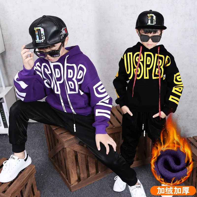 

Childrenswear 2019 New Style Winter Korean-style BOY'S Hoody Loose-Fit plus Velvet Suit Children Thick Warm Two-Piece Set Fashio