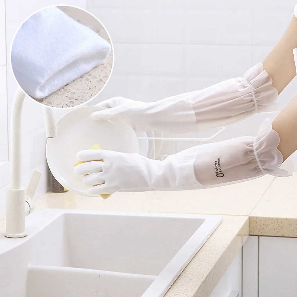 Velvet Cold-Proof Glove Waterproof Kitchen Durable Thickened Rubber Latex Dishwashing Gloves Winter Non-slip Cleaning Gloves#Y5