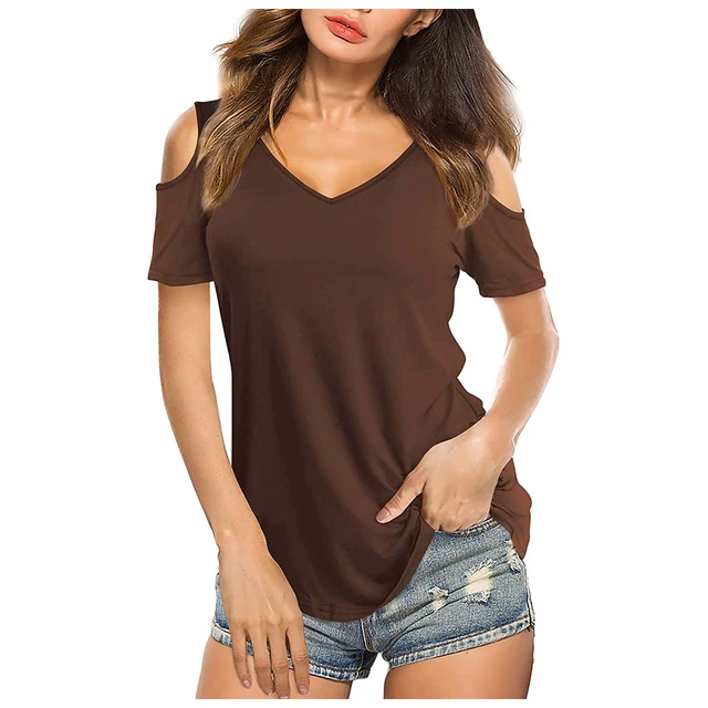 Women's Short Sleeve T-shirts V Neck Cold Shoulder Tunic Tops Vintage T  Shirt Summer Clothes For Women 2021 Футболка Женский - T-shirts - AliExpress