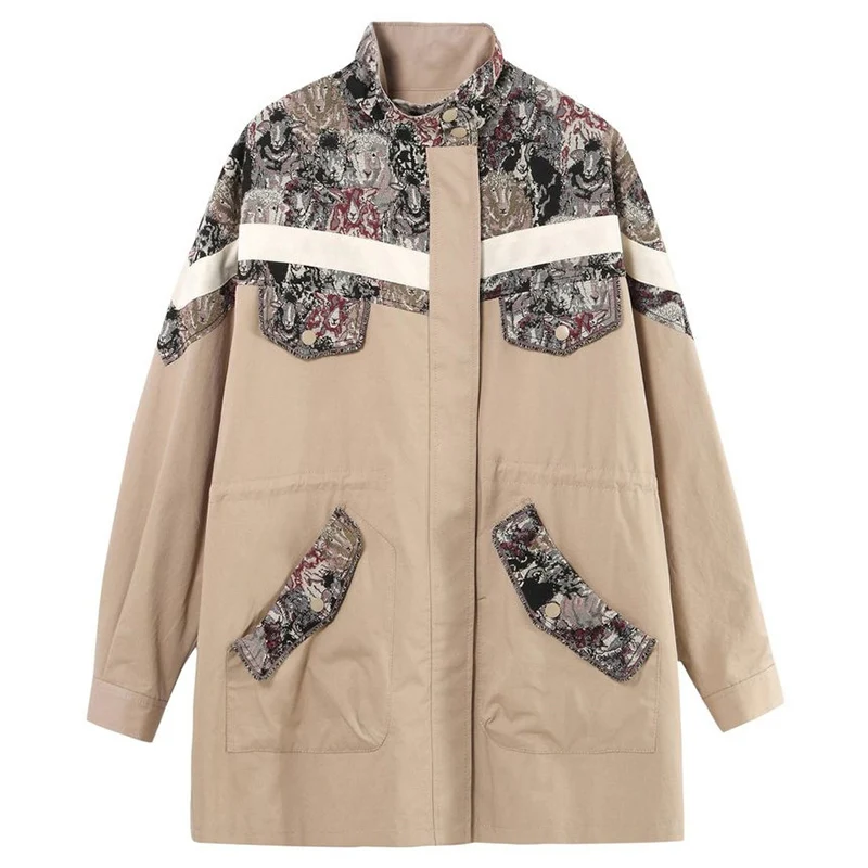 CHICEVER Patchwork Print Women's Trench Turtleneck Long Sleeve Ruched Streetwear Loose Large Size Trenches Female 2020 New Style