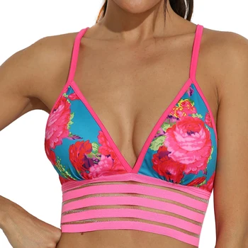 Women Vintage Flower Print Tank Tops Bras + Pants 2 Piece Sets Sexy V-Neck Fitness Bra Sports Workout Brathable Push Up Leggins 2