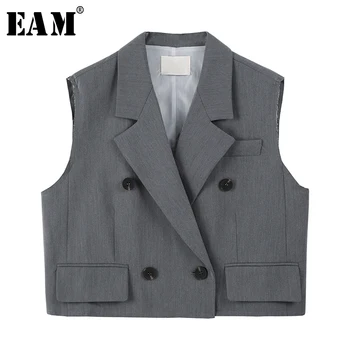 

[EAM] Women Loose Fit Gray Double Breasted Short Big Size Vest New Lapel Sleeveless Fashion Tide Spring Autumn 2020 1X196