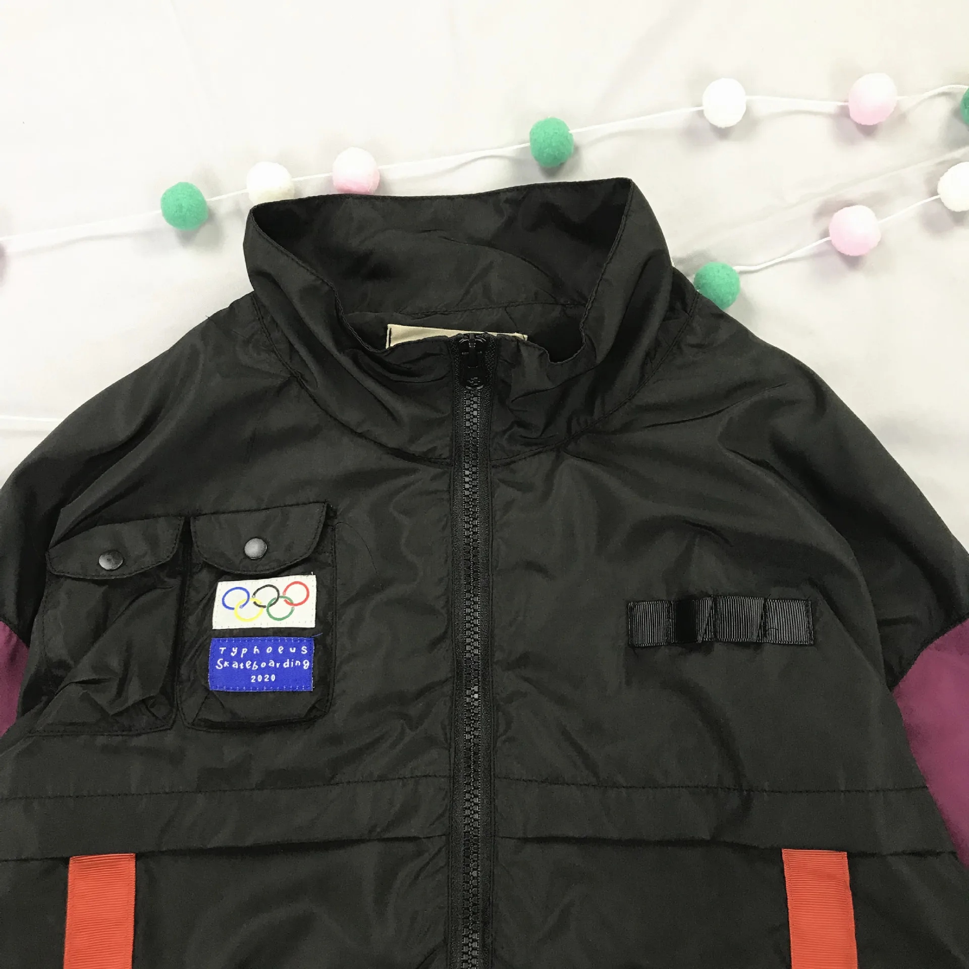 

Olympic Flag Applique Bulk Dog Printed Buckle Retro Color Matching School Uniform-Style Windproof Coat Jacket