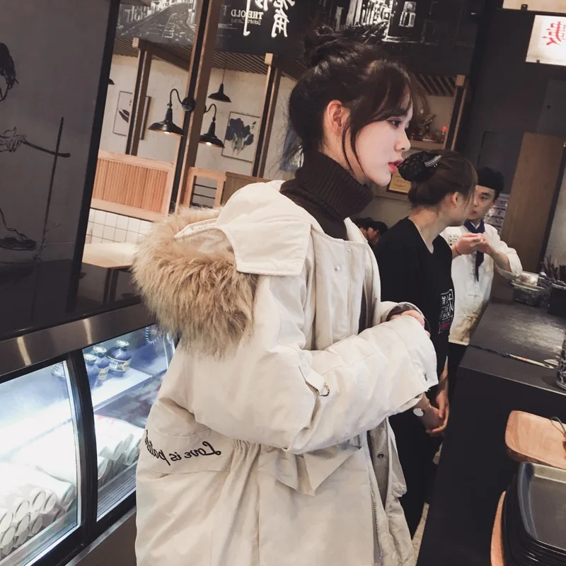 

Photo Shoot in College Style Off-white Embroidered Letters Mid-length Hooded Large Fur Collar Waist Hugging Workwear Cotton Over