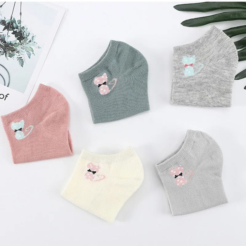 5 пар/партия, женские короткие носки с принтом кота Kawaii, Модные Женские однотонные хлопковые короткие носки, удобные повседневные носки-башмачки