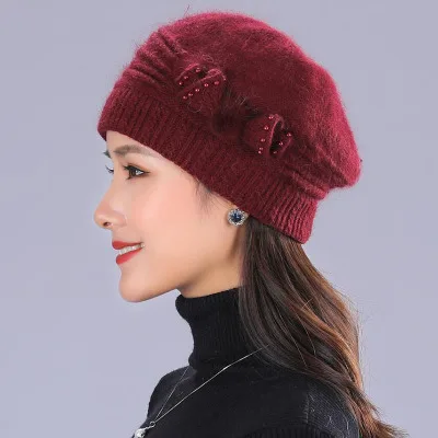 Mother's Nnew Year Gift Rabbit Knit Cap Scarf The Elderly Women's Autumn And Winter Warm Hat Scarf Female Winter Hat Twinset - Цвет: wine red Hat