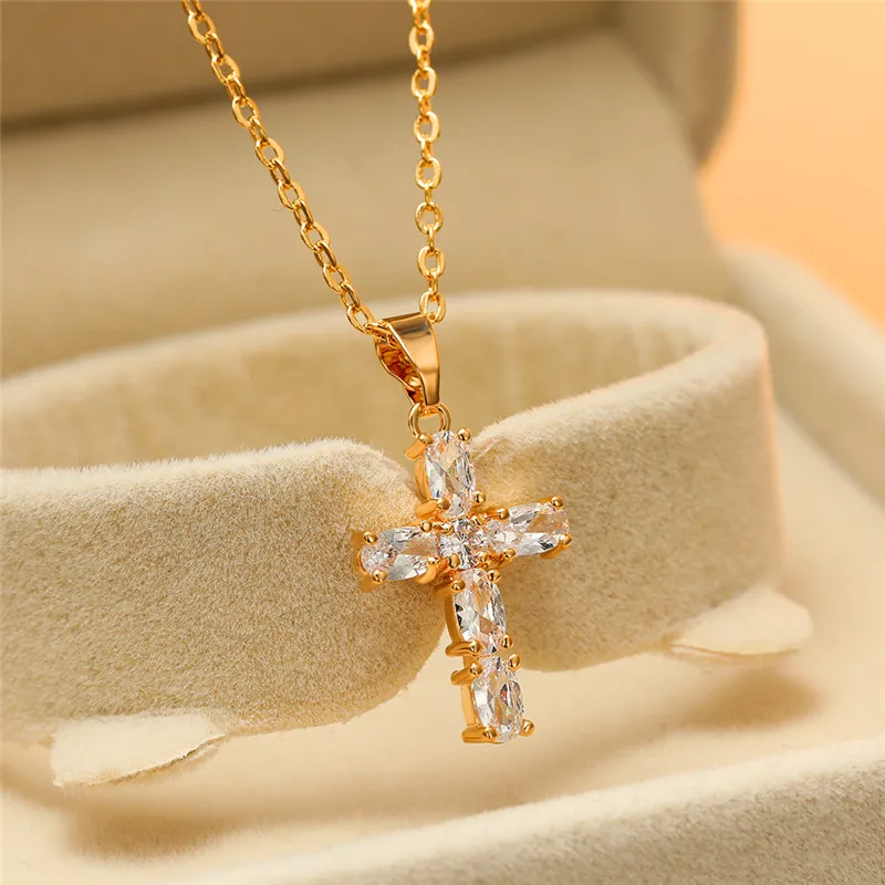 Luxury Female White Crystal Pendant Necklace Charm Silver Color Chain Necklaces For Women Cute Bridal Cross Wedding Necklace