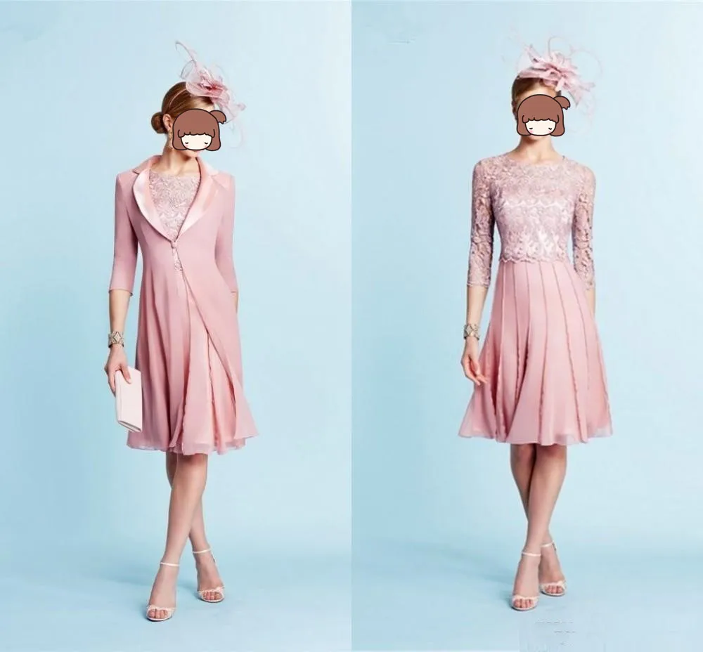 

Pink Mother Of The Bride Dresses Long Sleeves Mother's Dress With Jacket Chiffon Weddings Guest Gowns Knee Length Women Formal