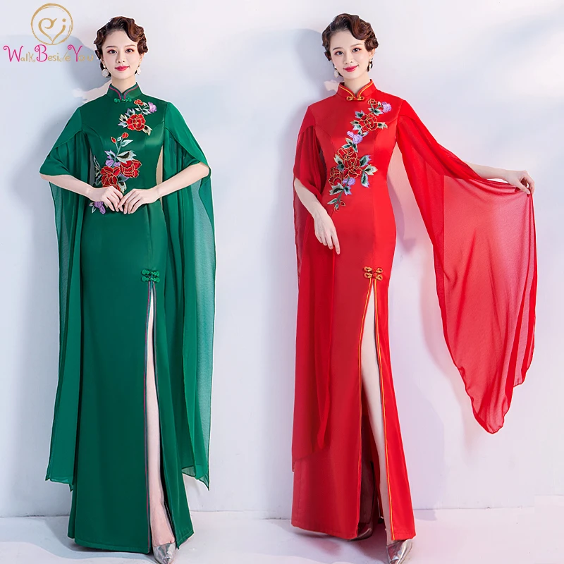 

Evening Gowns Chinese Style Traditional Costumes Qipao Cheongsam Split Floral High Neck Red Green Mermaid Long Prom Gown Satin